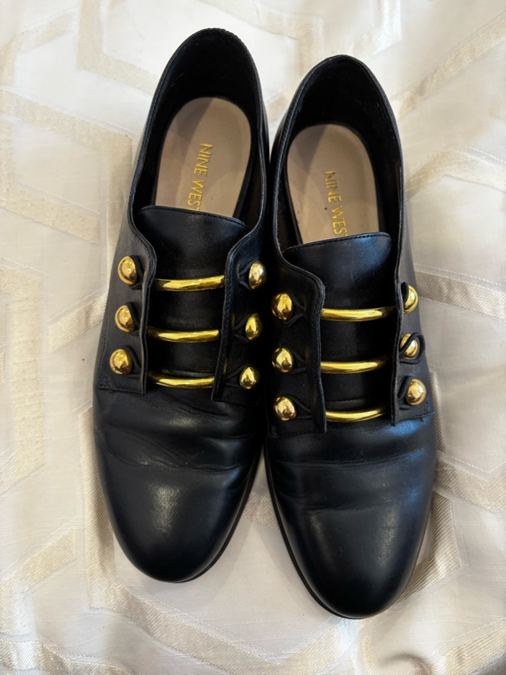 Nine West Black Leather Slip-On Loafers with Gold Hardware